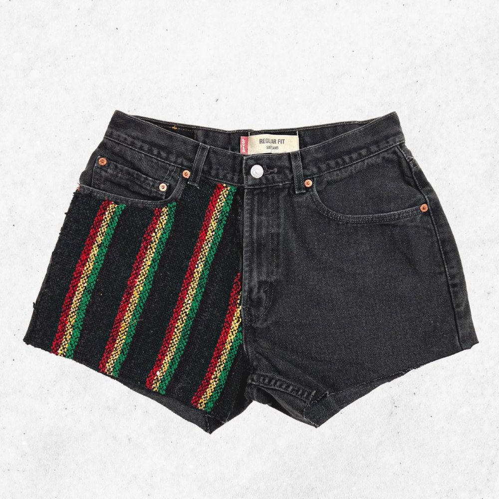 Levi's Reworked Baja Stripe Patchwork Festival Retro Black Denim Shorts Size 33"